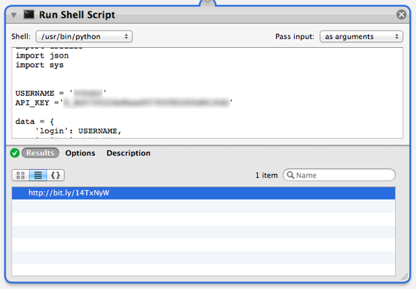 Check the result of the test to make sure the "Run Shell Script" action worked correctly and shortened the URL