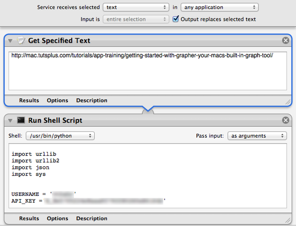 Add a long test URL to the "Get Specified Text" action to test the "Run Shell Script" action