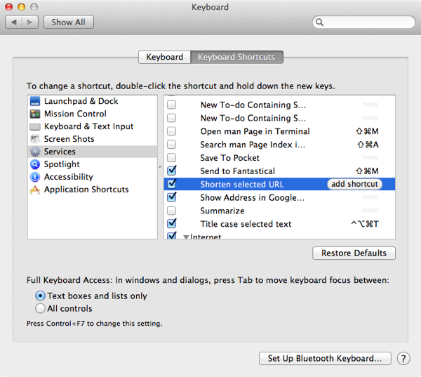 Adding a keyboard shortcut for the new service