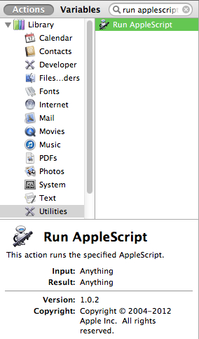 Find the Run AppleScript action.