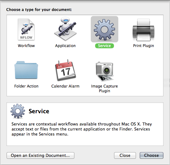 Make sure to choose Service when creating your new Automator document.