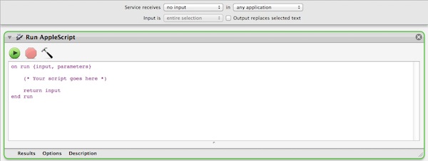 Drag the Run AppleScript action to the center pane.