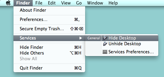 Find your new Hide and Unhide Desktop scripts in the Services menu.