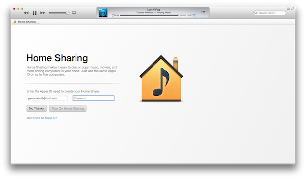 Switching on Home Sharing requires a quick log-in.