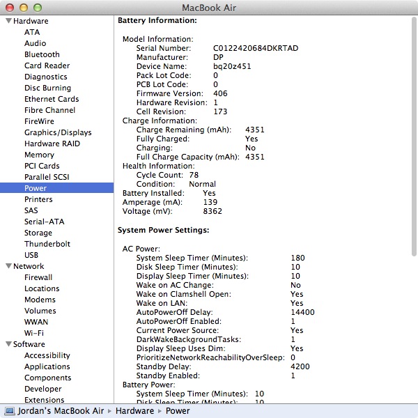 System Profiler provides detailed information about your Mac and its battery