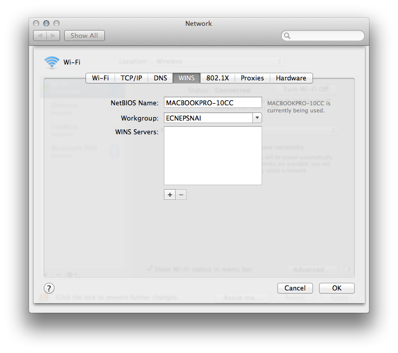 The WINS settings in OS X.