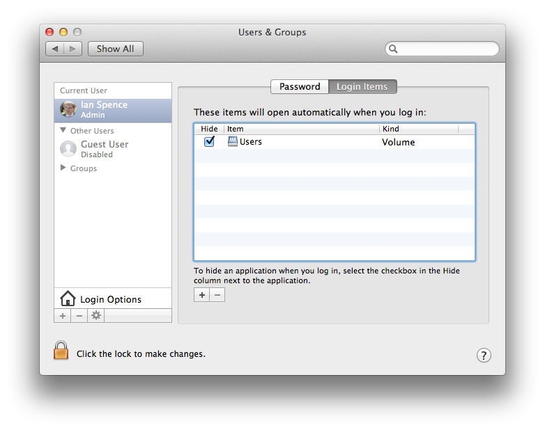 The Login Items settings in System Preferences.