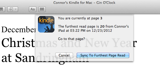 The Kindle for Mac app, here prompting me to sync to a further page as it has been read more recently on a different device.