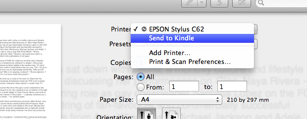 Send to Kindle in the OS X printing dialog.