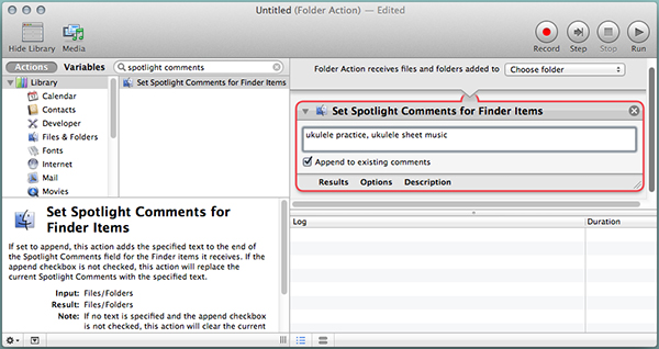 Automator folder actions can add Spotlight Comments for you.