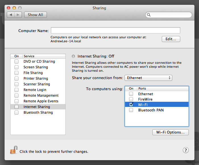 System Preferences Internet Sharing