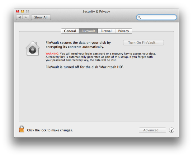 Disabling the FileVault service to use file sharing.