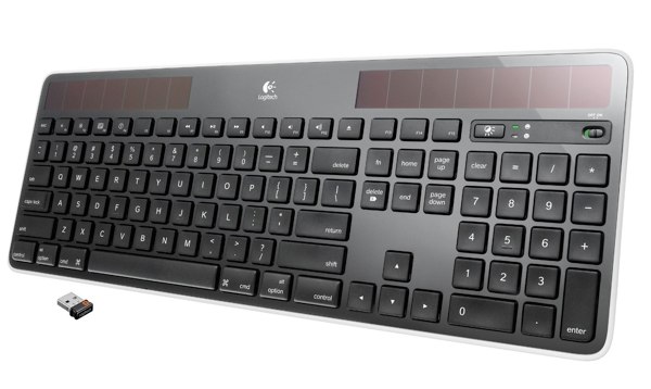 The Logitech K750 keyboard is solar-powered but also includes a Mac keyboard layout