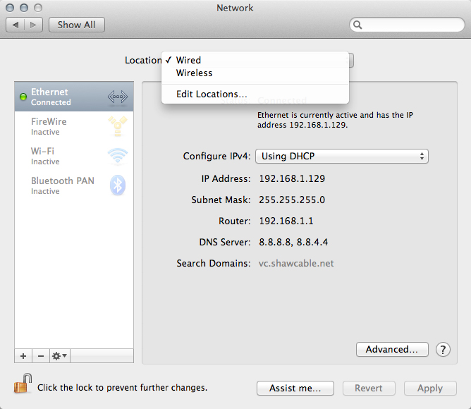 The Network Locations dropdown menu within Network Preferences.