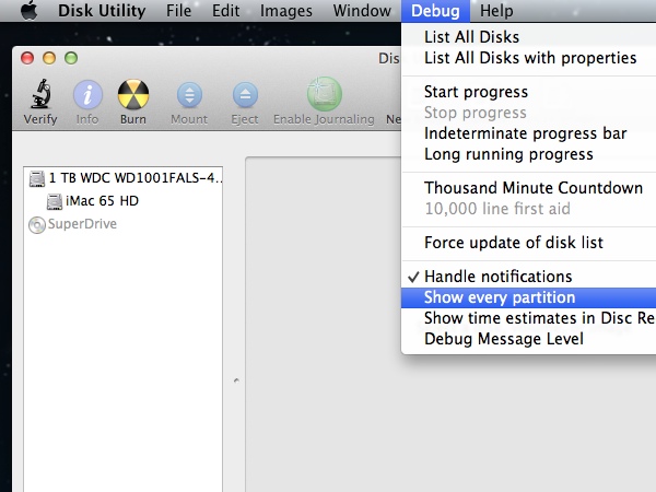 Revealing the Debug Menu in Disk Utility