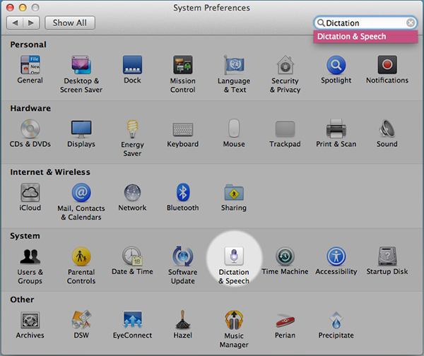 Finding Dictation in System Preferences