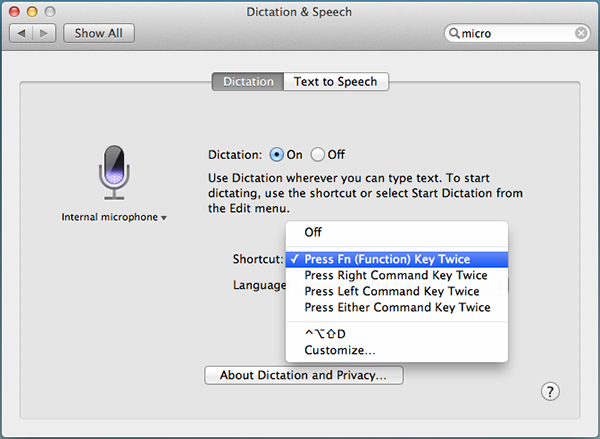 Selecting a keyboard shortcut for Dictation