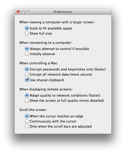 The Preferences for the Screen Sharing app