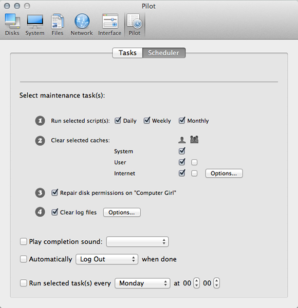 Cocktail can run lots of Mac maintenance tasks on a schedule.