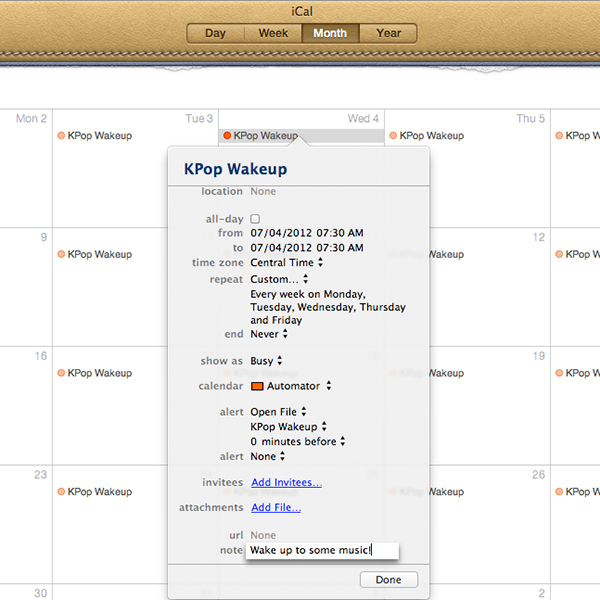 Scheduling an Automator iCal alarm workflow