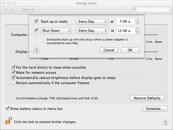 Scheduling Shutdown and Startup in System Prefs