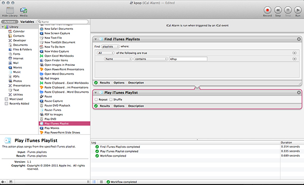 Creating an iTunes playlist alarm workflow in Automator