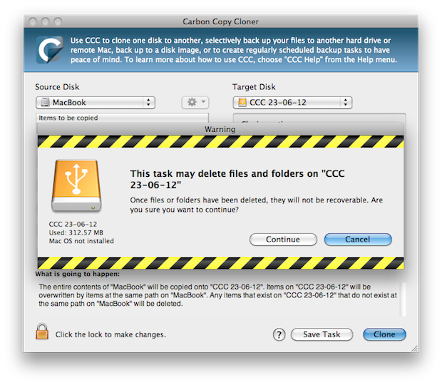 Carbon Copy Cloner - Final Warning Prompt