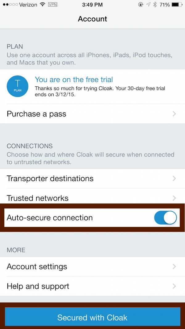 Securing iOS on public Wifi with Cloak VPN