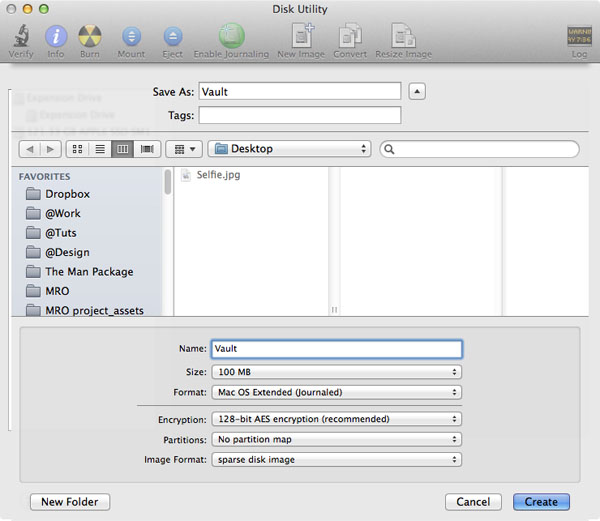 Creating an encrypted sparse disk image using Disk Utility