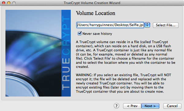 Setting the TrueCrypt volume's location