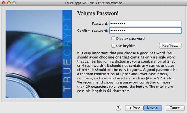 Setting the TrueCrypt volume's password