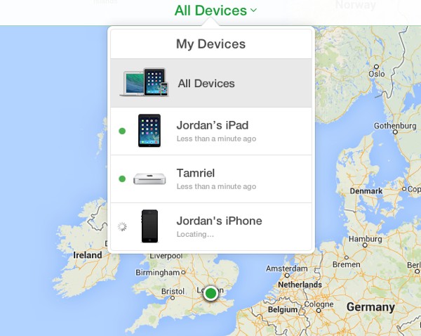 Find My iPhone will display all of your registered devices on a map. 