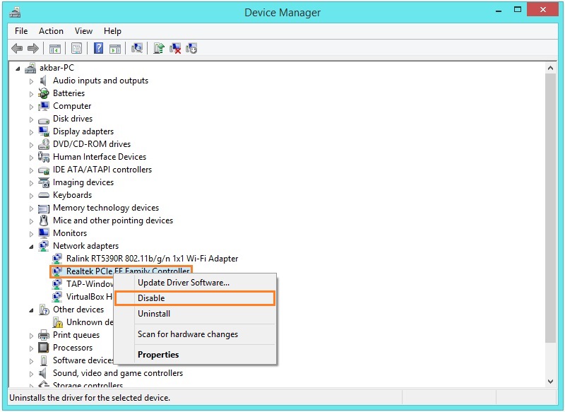 BUGCODE NDIS DRIVER - Windows 8 Device Manager - Right-click - Disable - Windows Wally