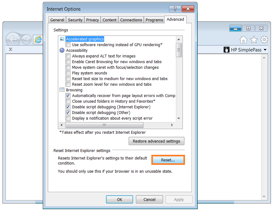 Internet Explorer - Internet-Options - Reset - WindowsWally