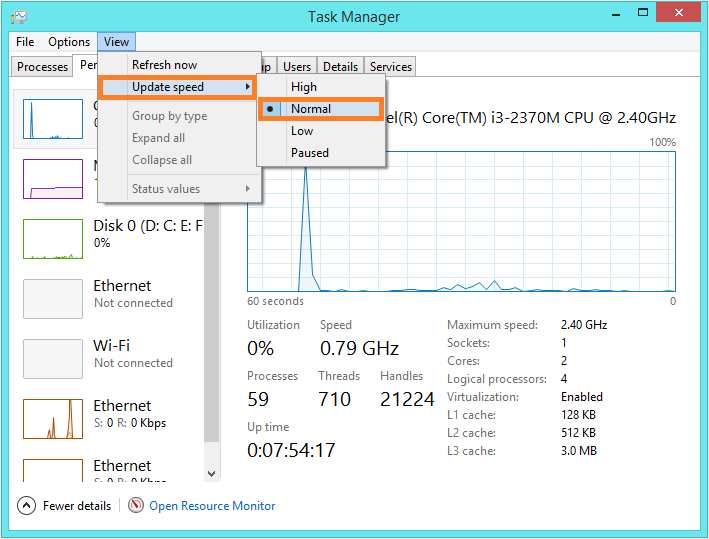 Windows 8 Task Manager - Task Manager - View - Update Speed - Normal - Windows Wally