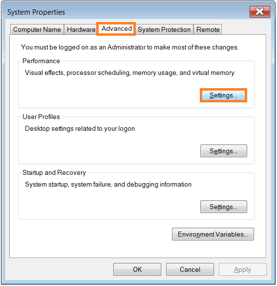 Microsoft Windows - System Properties - Advanced - Settings - WindowsWally