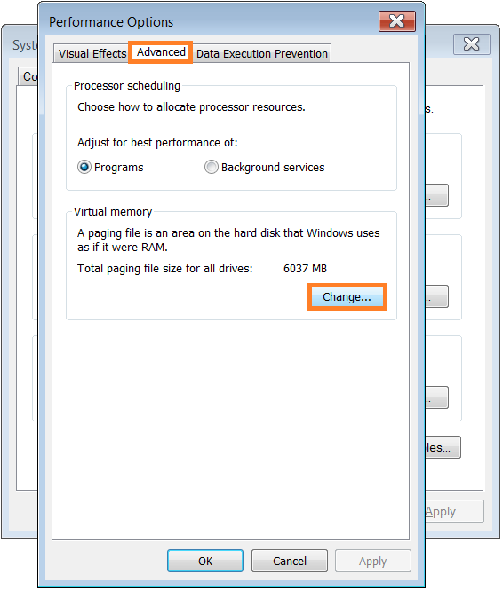 Microsoft Windows - Performance Options - Advanced - Virtual Memory - Change - WindowsWally