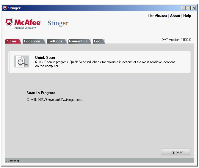 McAfee Stinger - Main Window - Scanning - WindowsWally