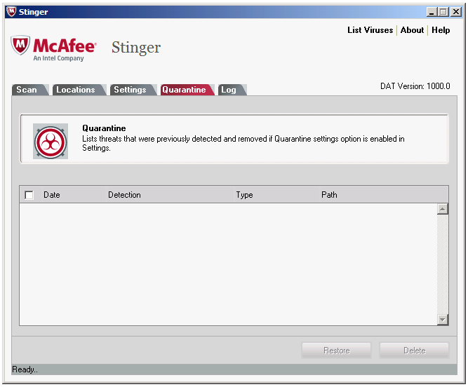 McAfee Stinger - Quarantine tab - WindowsWally