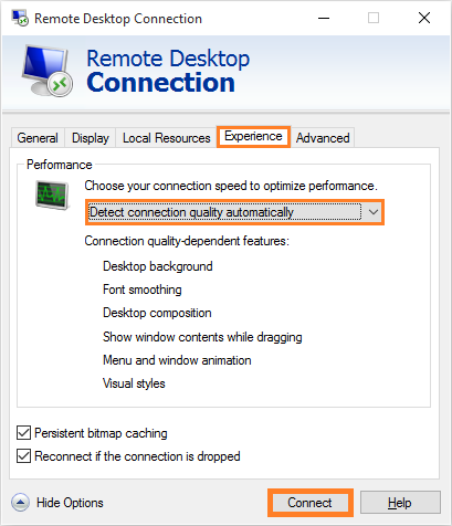 Remote Desktop - Experience - Detect Connection Quality Automatically - Connect -- Windows Wally