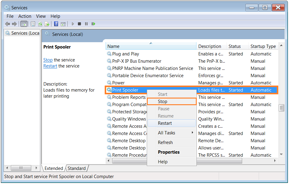 Print Spooler - Administrative Tools - Services - Stop - WindowsWally