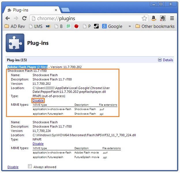 Shockwave Flash - about plugins - Details - Internal - Disable - WindowsWally