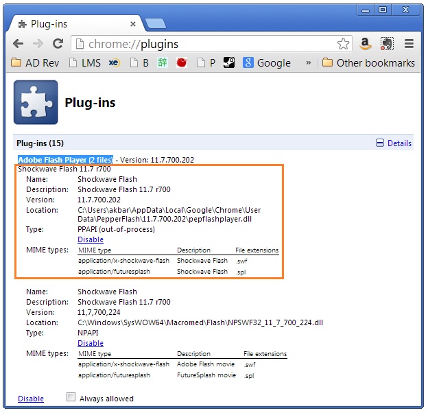 Shockwave Flash - about plugins - Details - Internal- WindowsWally