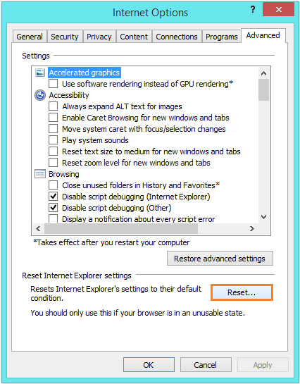 Internet Explorer 11 - Internet Options - Advanced - Reset -- Windows Wally