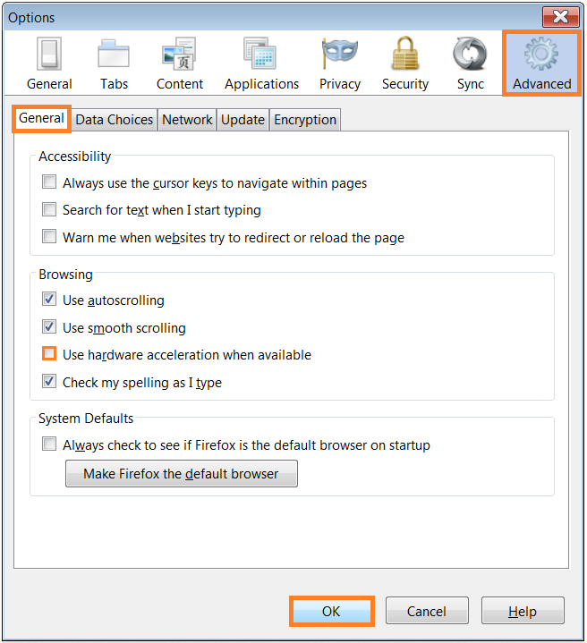 Firefox - Options - Advanced - Genral tab - Hardware Acceleration - WindowsWally