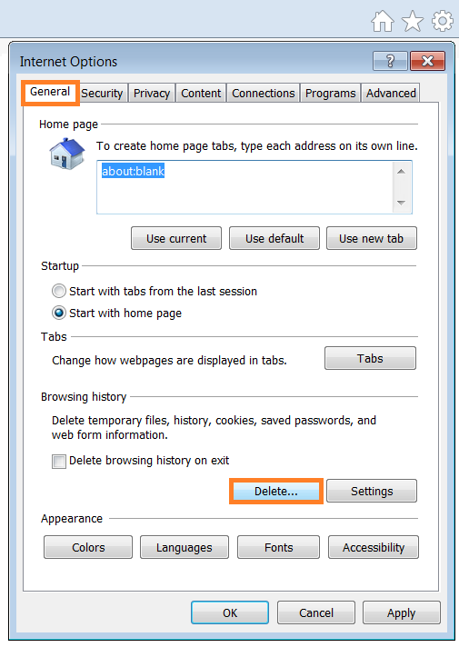 Script Errors - Internet Options - General tab - Delete Browsing History - WindowsWally
