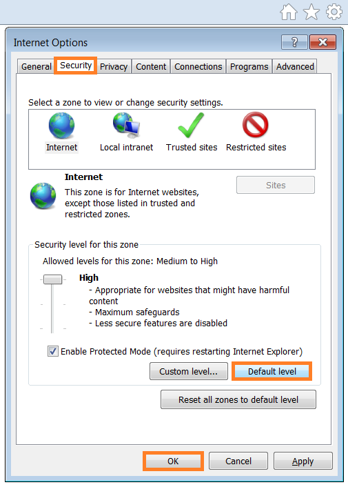 Script Errors - Internet Options - Security tab - Default level - WindowsWally
