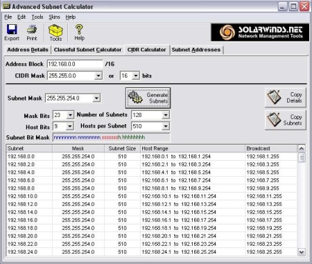 Solarwinds subnet calculator output